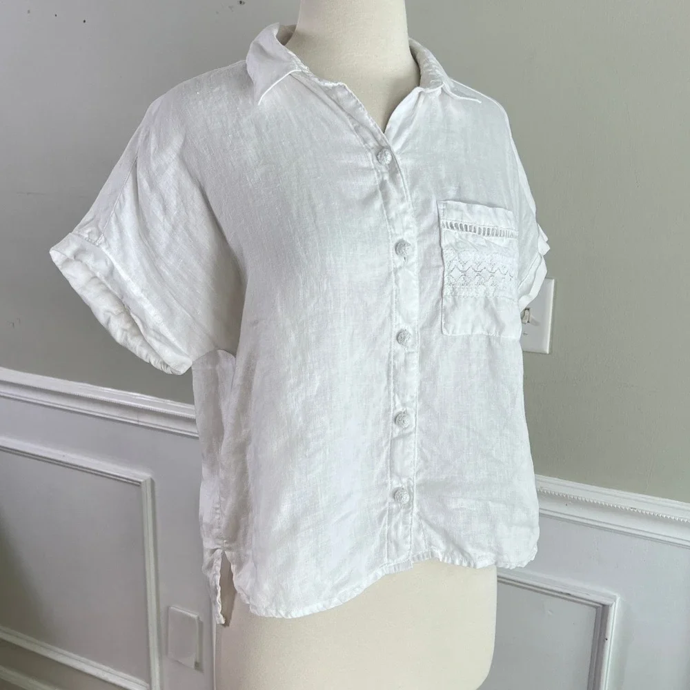 Joie Linen Button Down Shirt S Womens Lace Pocket Short Sleeve White Coastal - Picture 2 of 10